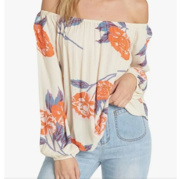 Billabong Tops - Billabong Cream & Orange Floral Off the Shoulder Cropped Oversized Blouse Size M